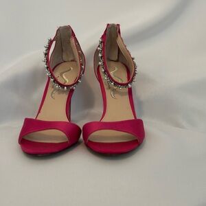 Nina Fuschia Satin 3 1/2 inch Heels With Rhinestone And Pearl Ankle Strap